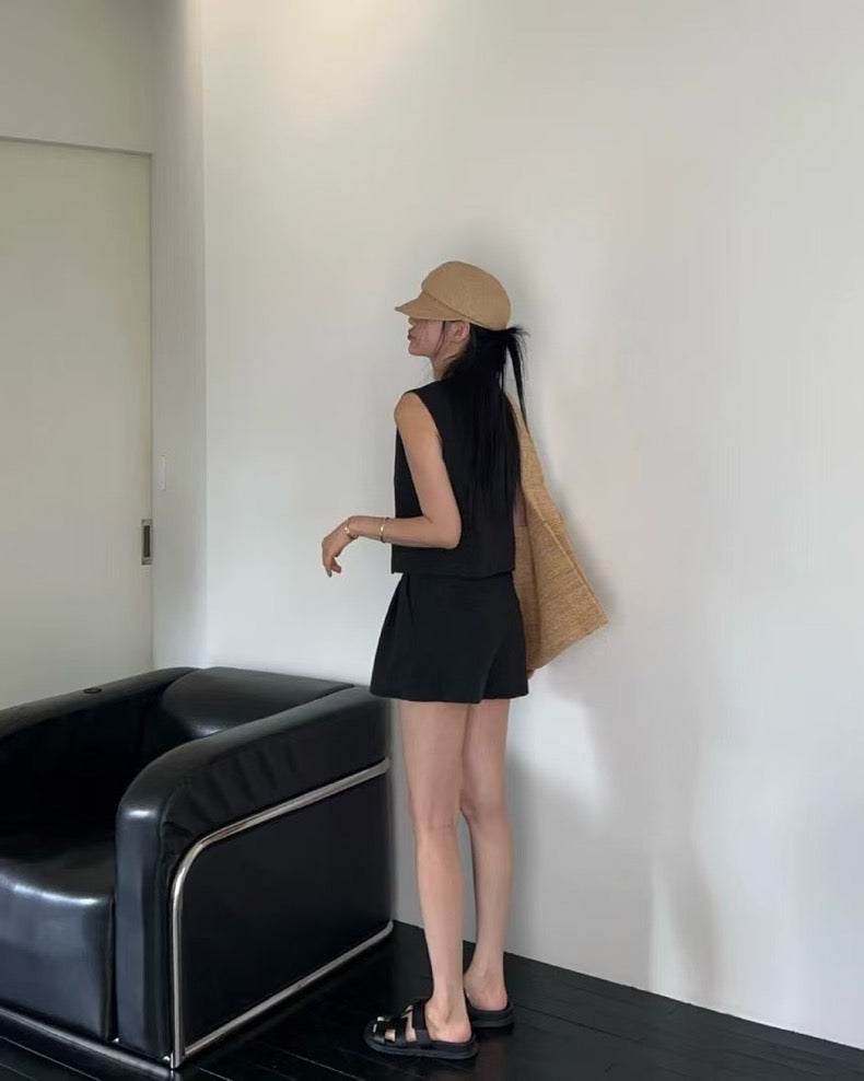 V-neck vest + high-waisted wide-leg shorts set