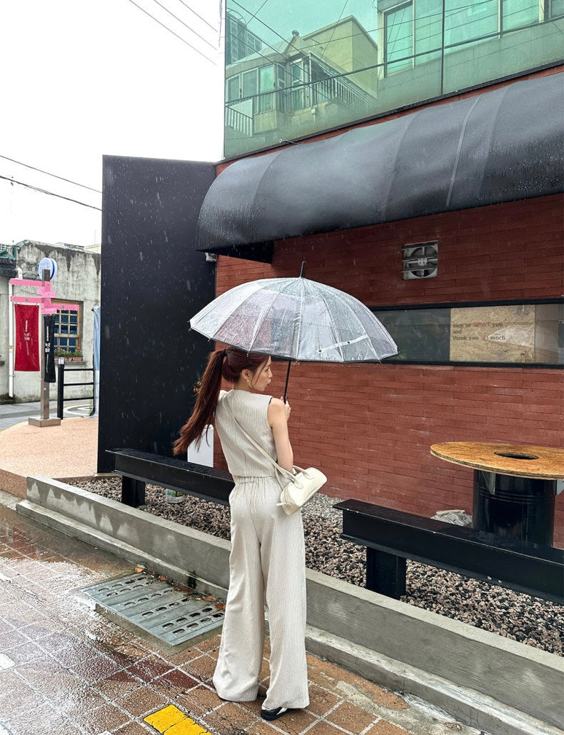 V領條紋馬甲+高腰壓褶休閒褲set