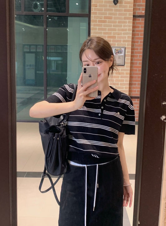 Striped Polo Knit Top