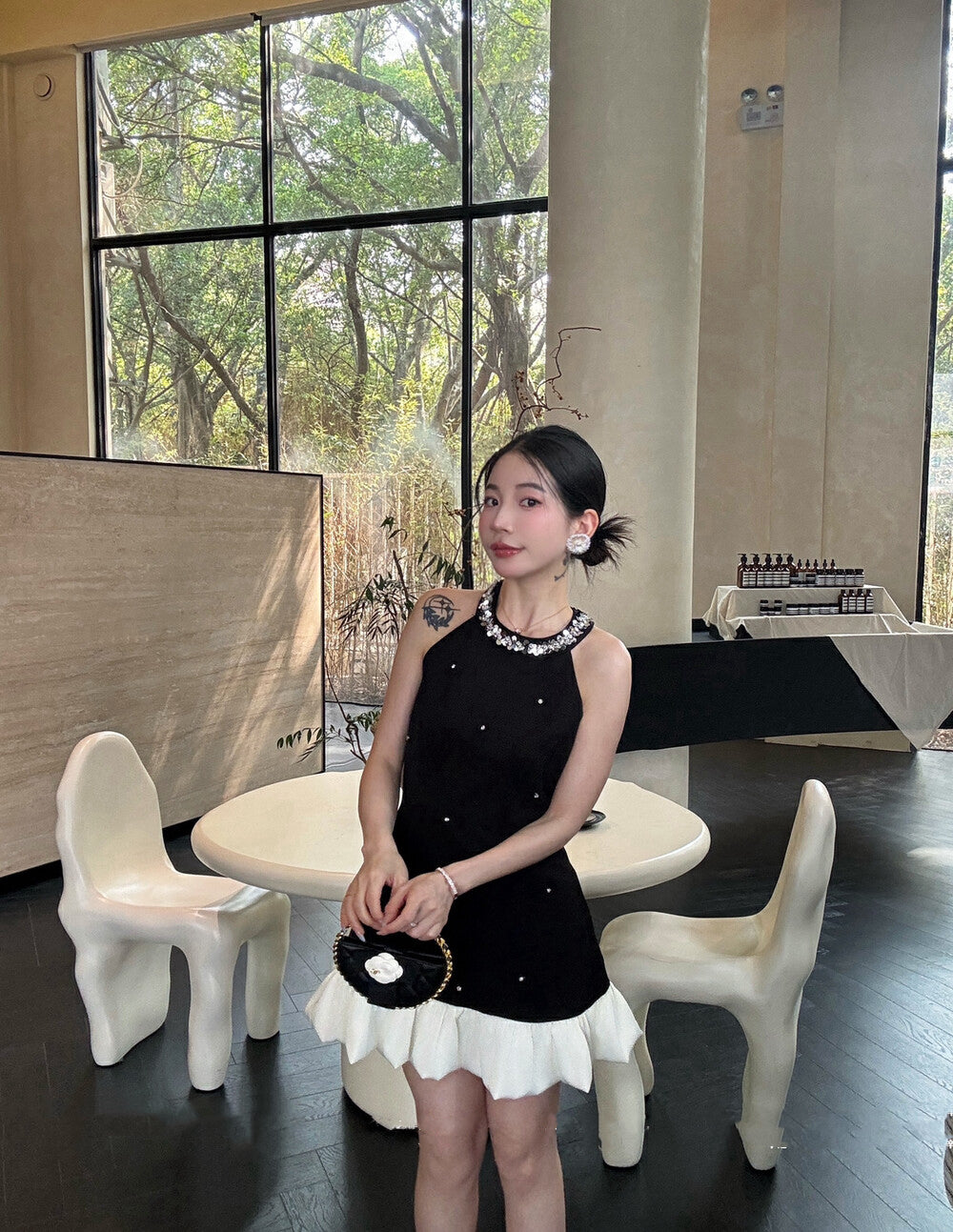 Rhinestone Ruffle Trim Fitted Dress