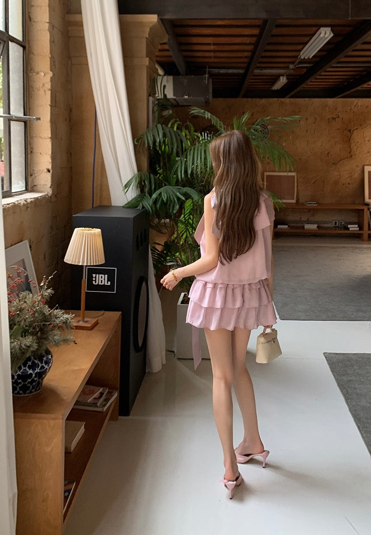 レースアップキャミソールトップ+リボン付きショートスカートセット