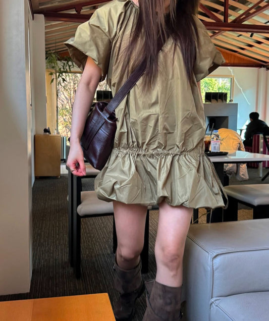 Round Neck Drawstring Tie Waist Peplum Skirt