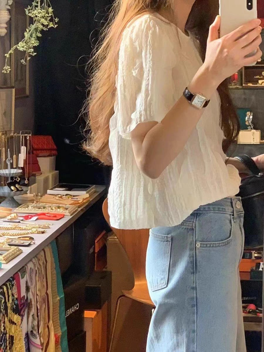 Pleated Texture Ruffle Blouse