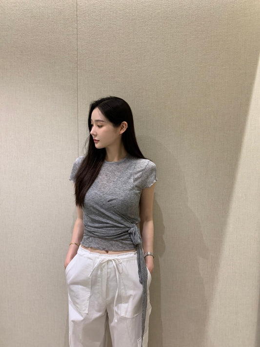 ロールアップ袖Tシャツ+キャミソールリボン2点セット