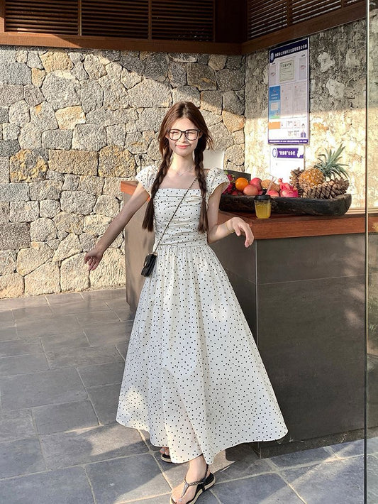 French-style Cap Sleeve Polka Dot Dress