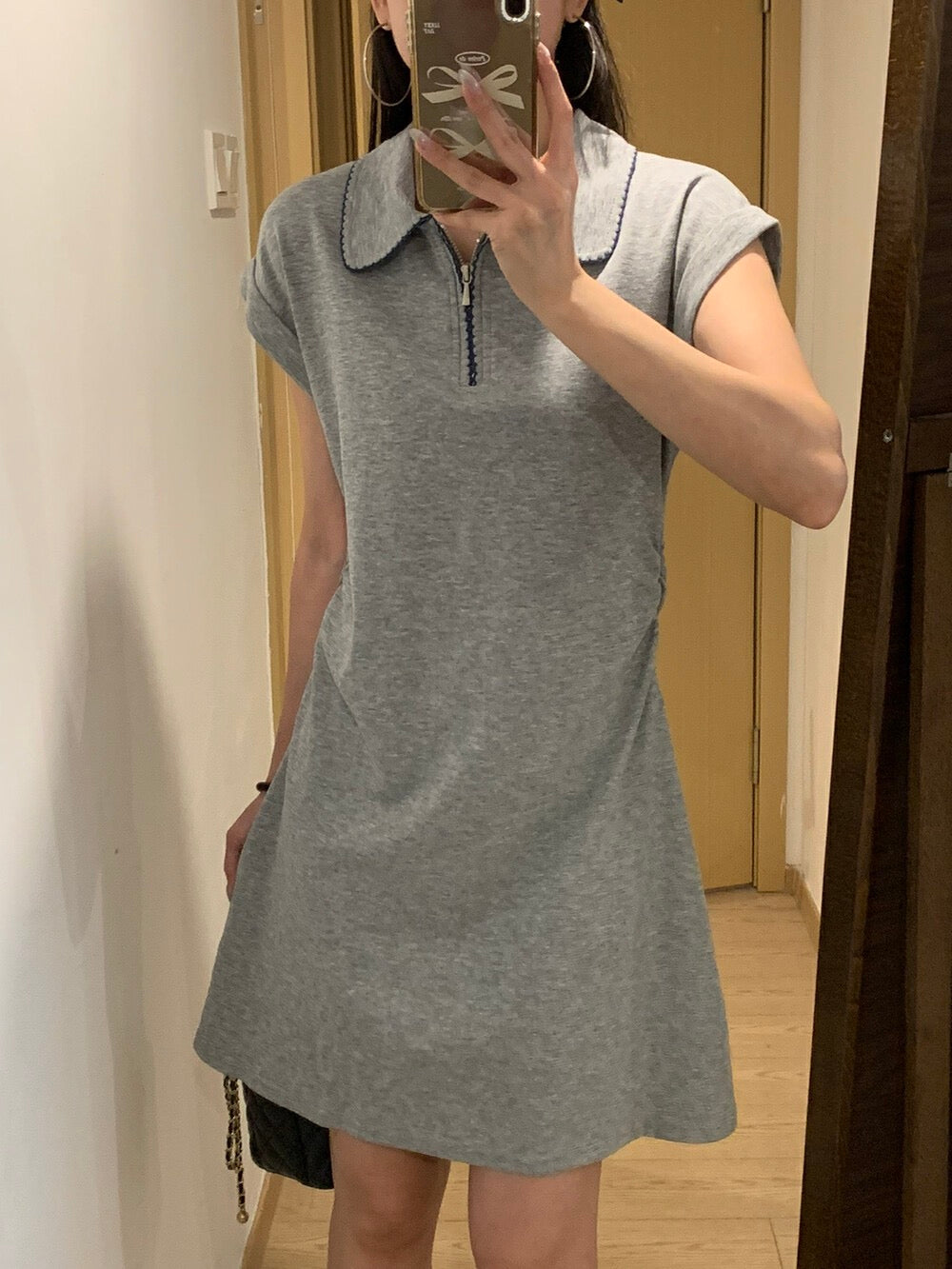 Embroidered Waist-Cinching Polo Collar Dress