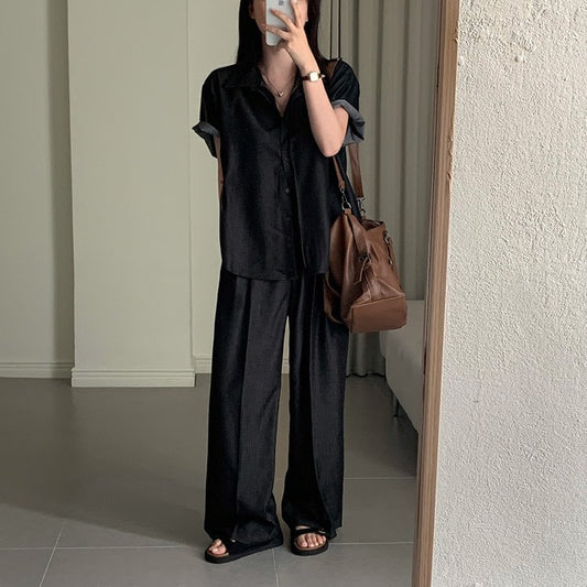 休閒牛仔恤衫+闊腿褲set