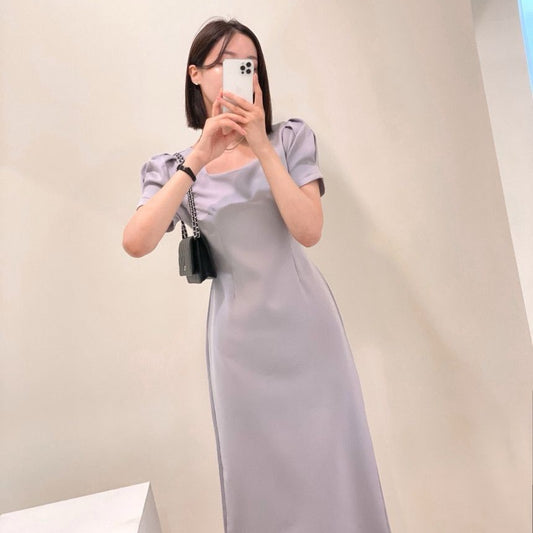 方領泡泡袖開衩連身裙