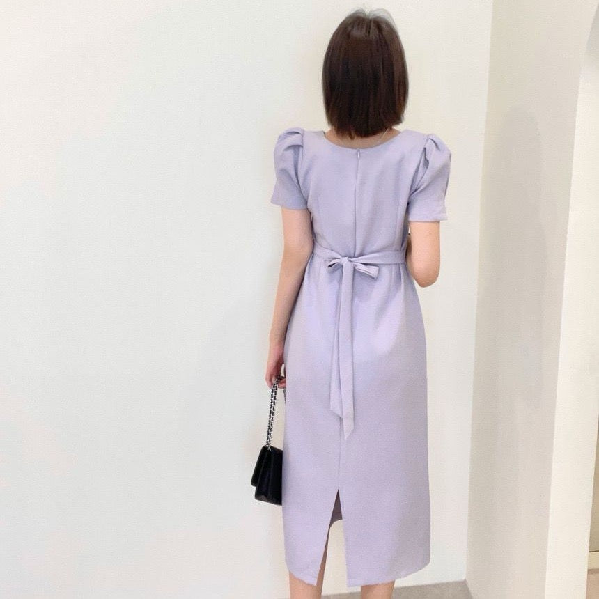 Square Neck Puff Sleeve Slit Dress