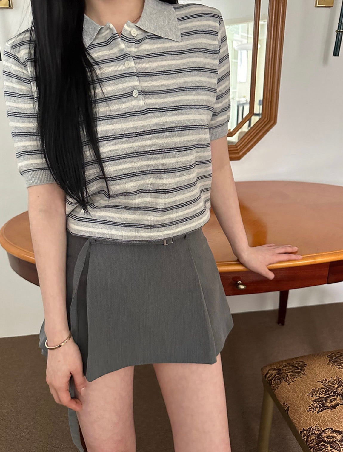 折り襟ストライプニット半袖