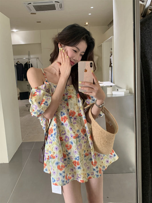 法式一字肩碎花吊帶