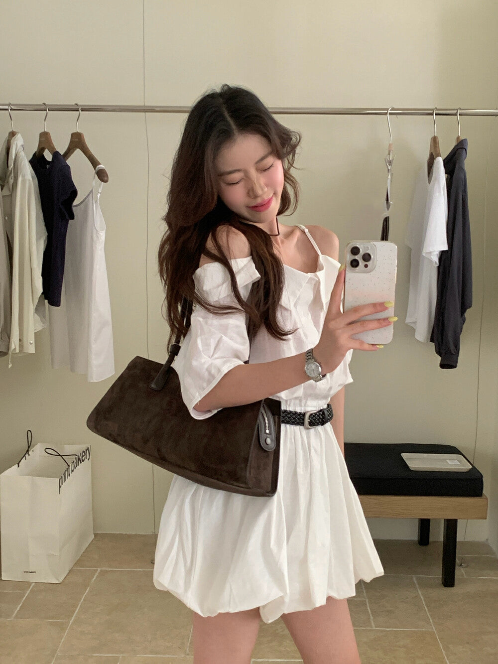 リネンコットンオフショルダーストラップワンピース