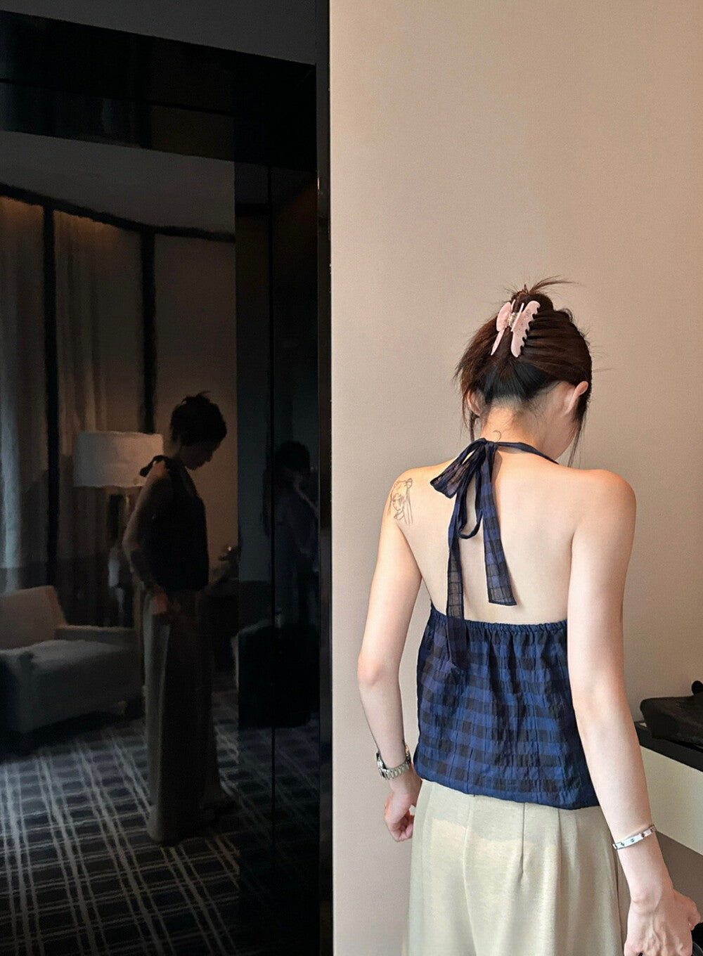 Halter Neck Plaid Tie-Back Backless Tank Top