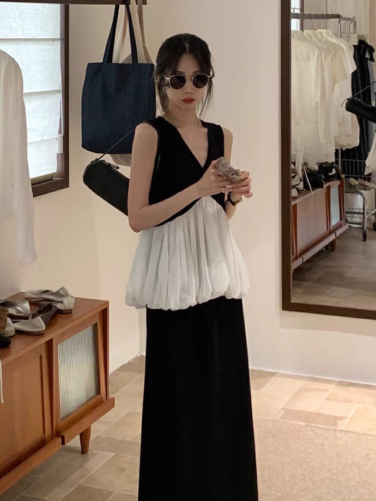 撞色荷葉邊花苞小衫+高腰後開衩半身裙set