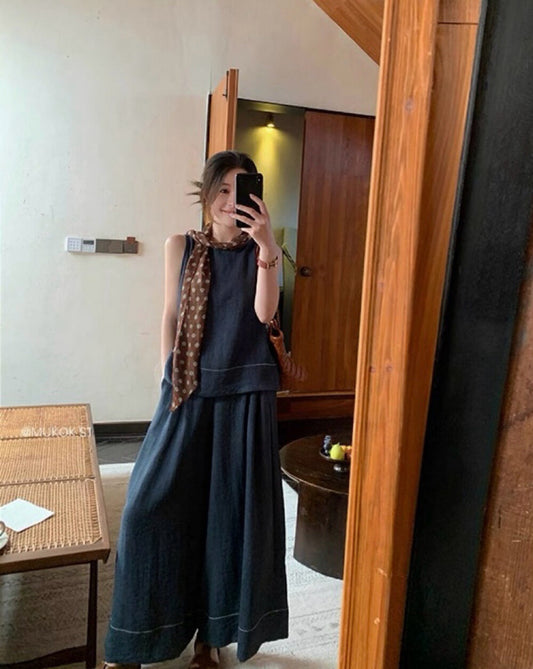 鏤空露背顯瘦小衫+鬆緊腰A字闊腿褲set