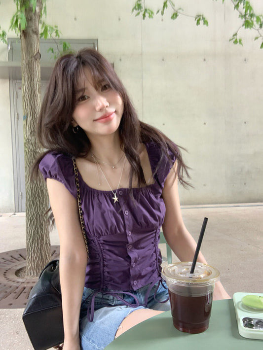 方領抽繩泡泡袖恤衫