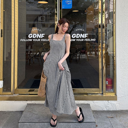 復古格子背心裙