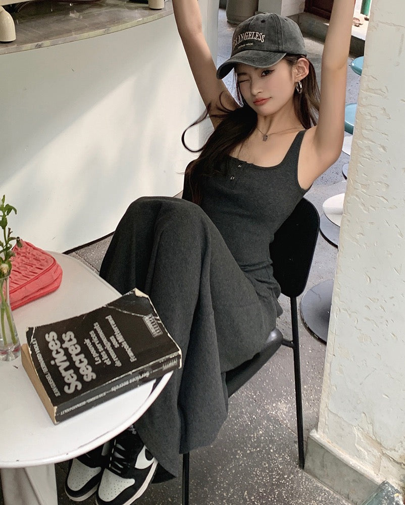 紐扣設計吊帶背心裙