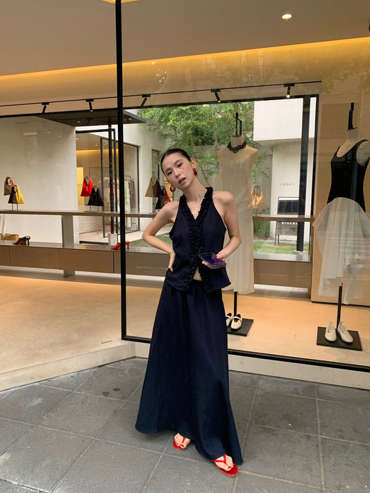 掛脖木耳邊無袖上衣+高腰垂感半身裙set