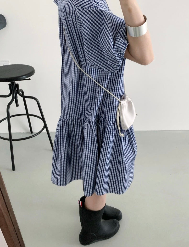 Adorable Double Pocket Plaid Puff Sleeve Dress