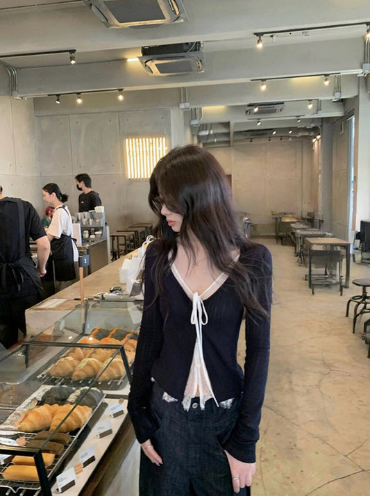 蕾絲拼接綁帶小衫+掐腰針織衫set