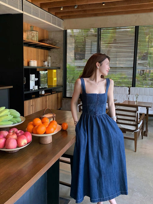 法式收腰顯瘦牛仔連身裙