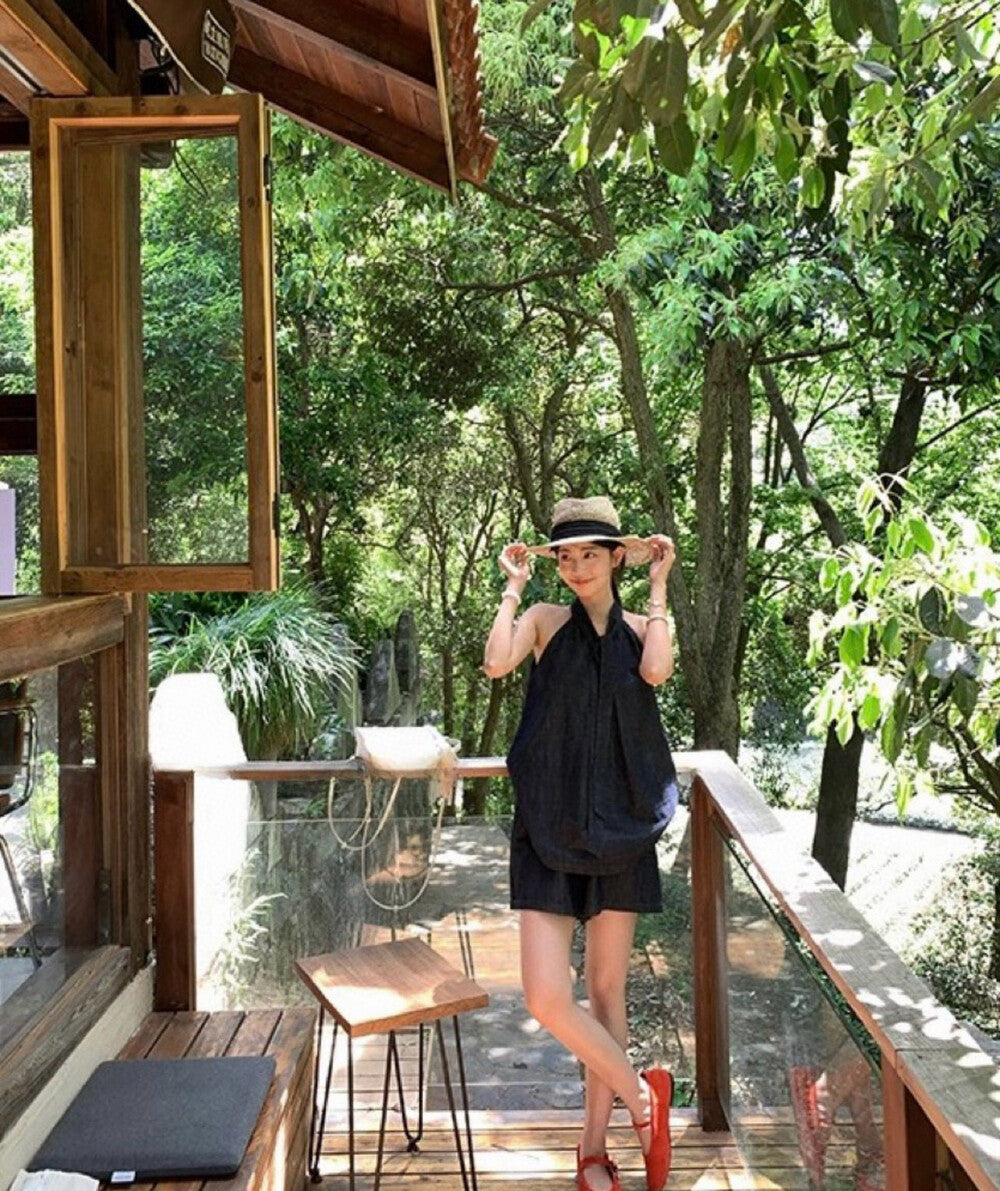 Denim Halter Loose Top + Wide-Leg Shorts Set