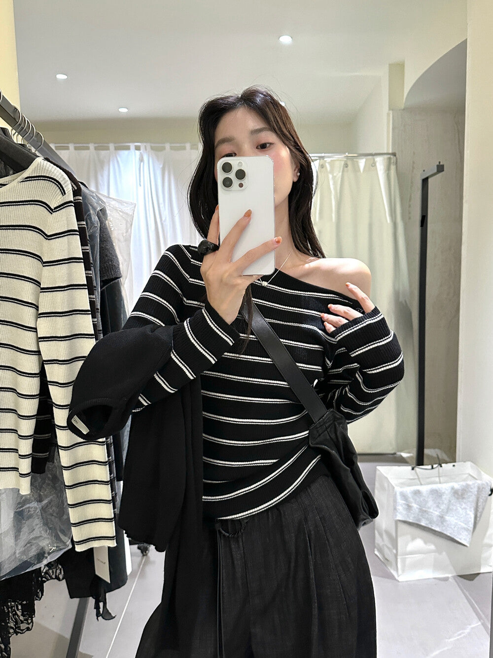Lazy Off-Shoulder Striped Knit Top