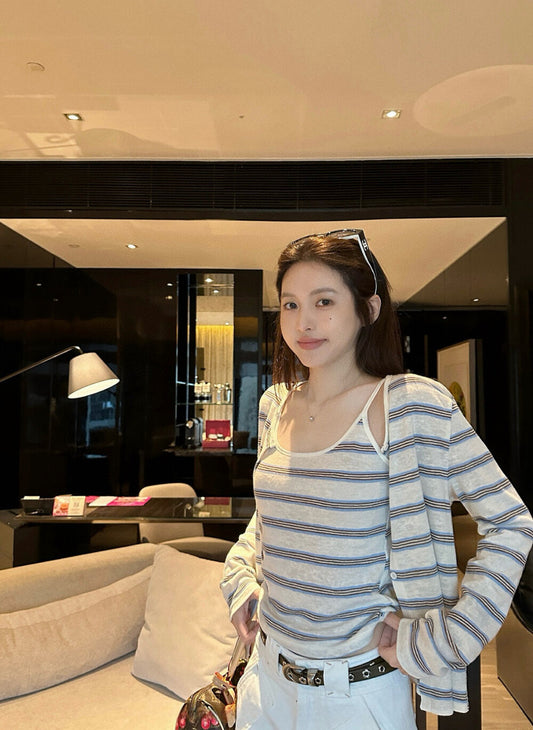 條紋針織吊帶+防曬開衫set