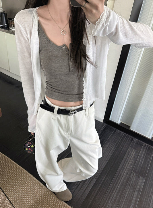 レース切り替え縁取りソフトな日焼け止めカーディガン