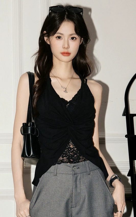 レースネックホルタースタイル二重風タンクトップ