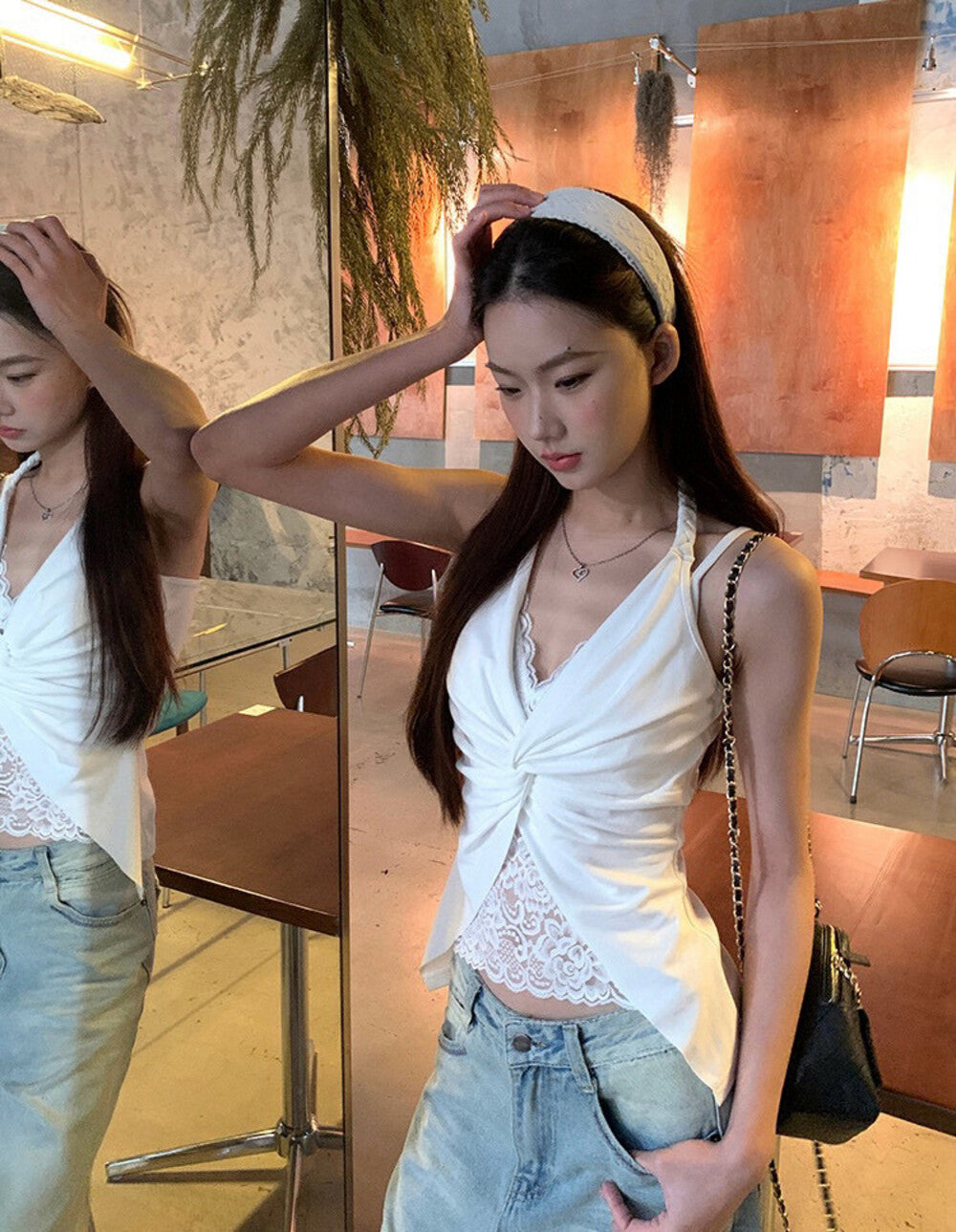 Lace Halter Neck Faux Two-Piece Tank Top