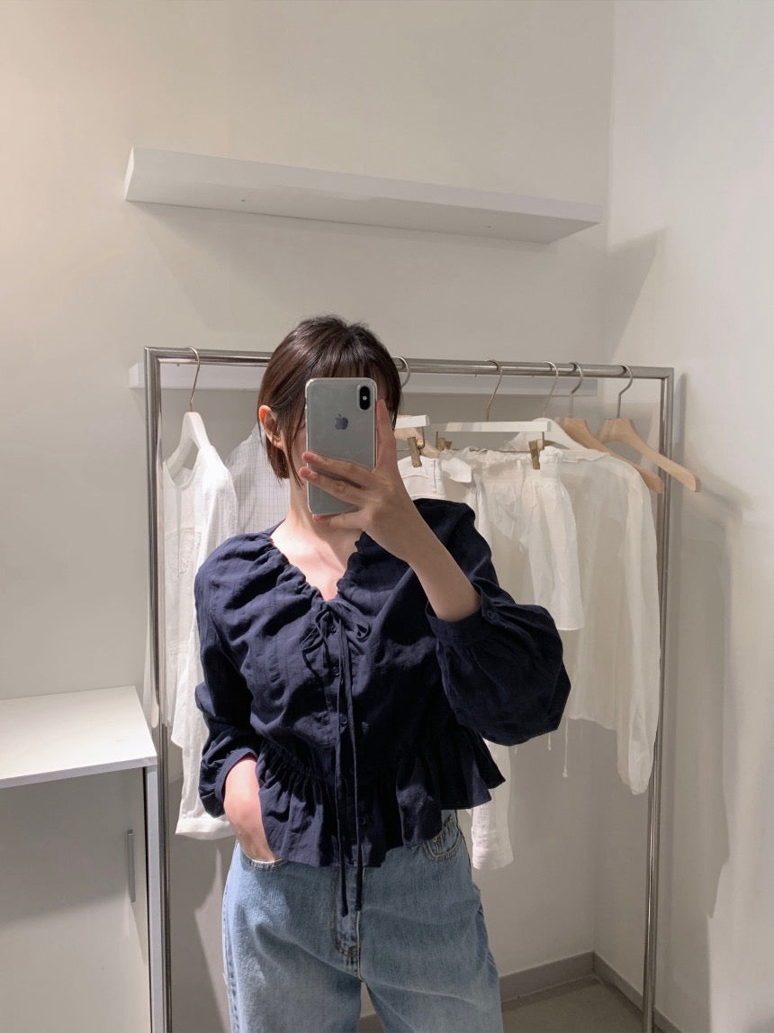 V領抽繩減齡長袖恤衫