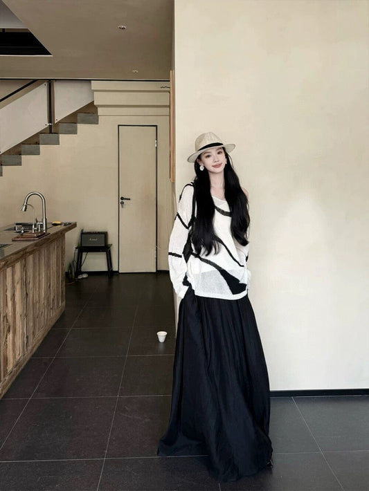 Color-block striped loose knit top