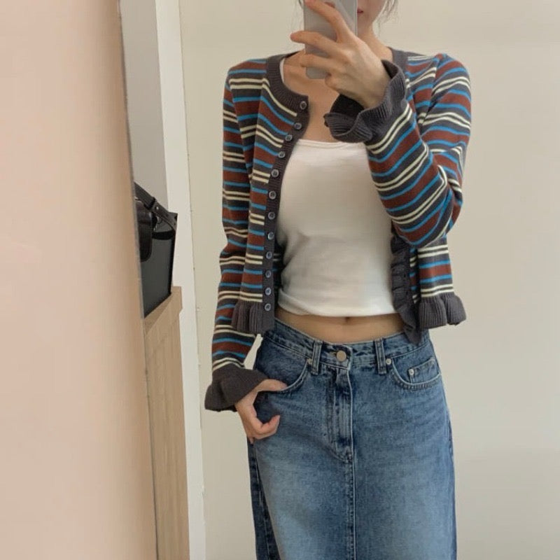 Striped Ruffle Knit Cardigan