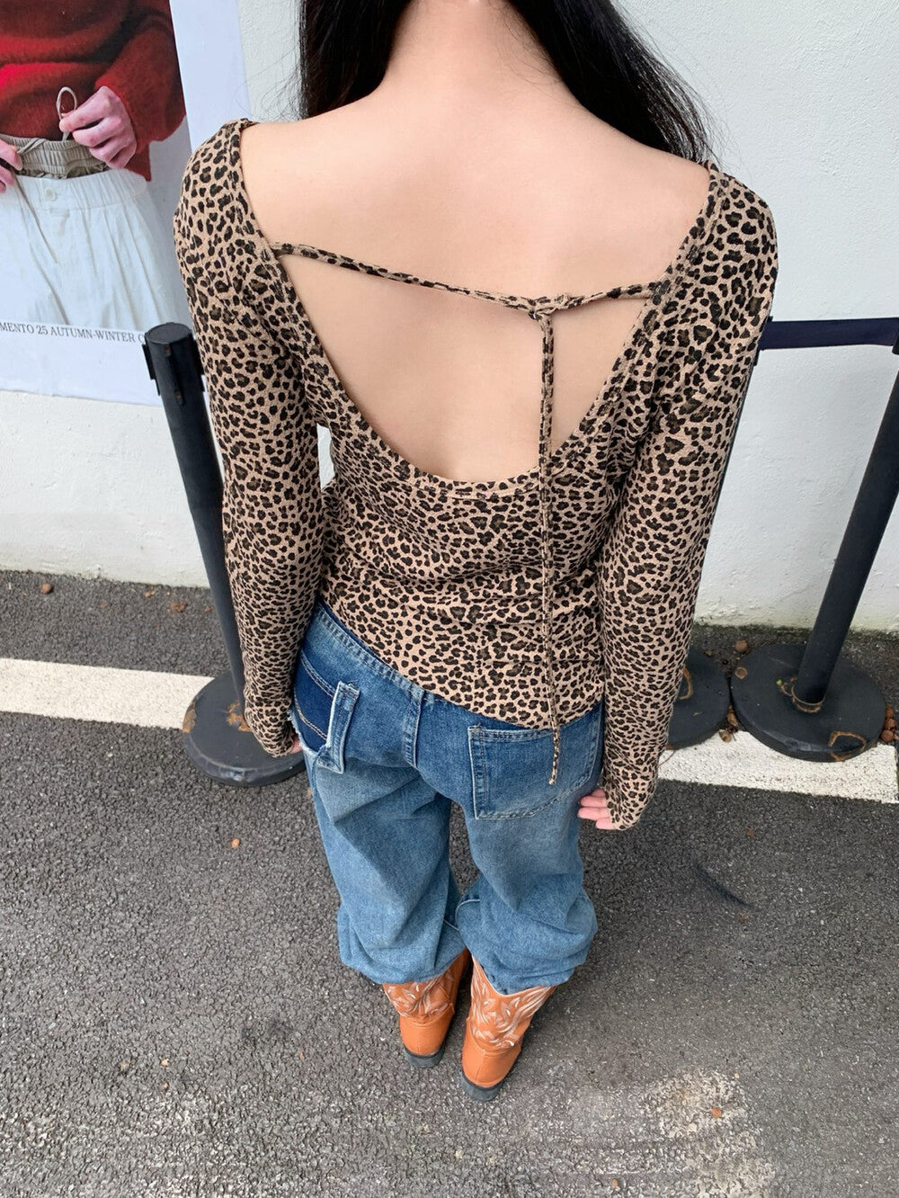 American Style Leopard Print Backless Long Sleeve T-Shirt