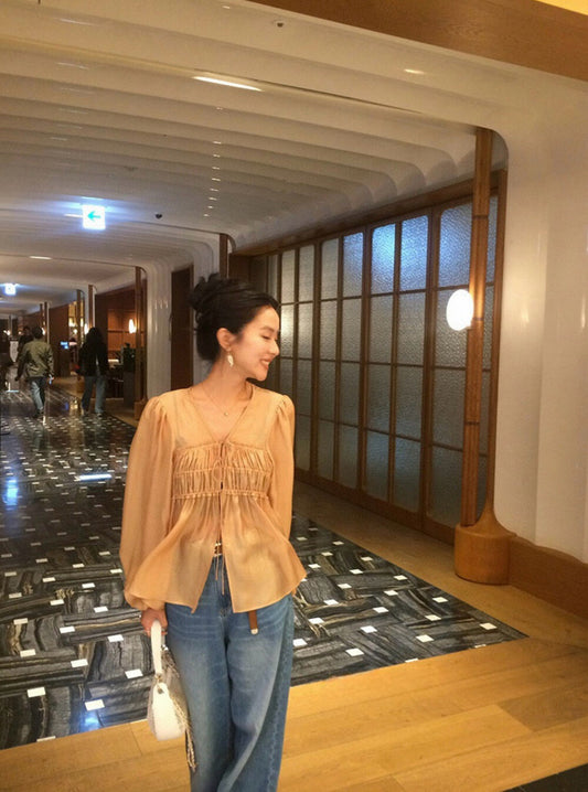 v領寬鬆抽褶系帶輕薄小衫