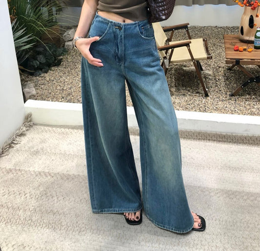 復古水洗寬鬆顯瘦闊腿牛仔褲