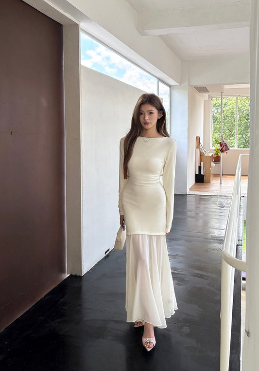 Off-shoulder chiffon patchwork mermaid dress