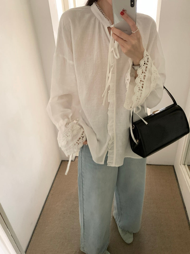 Lace-Up Crochet Patchwork Bell Sleeve Blouse