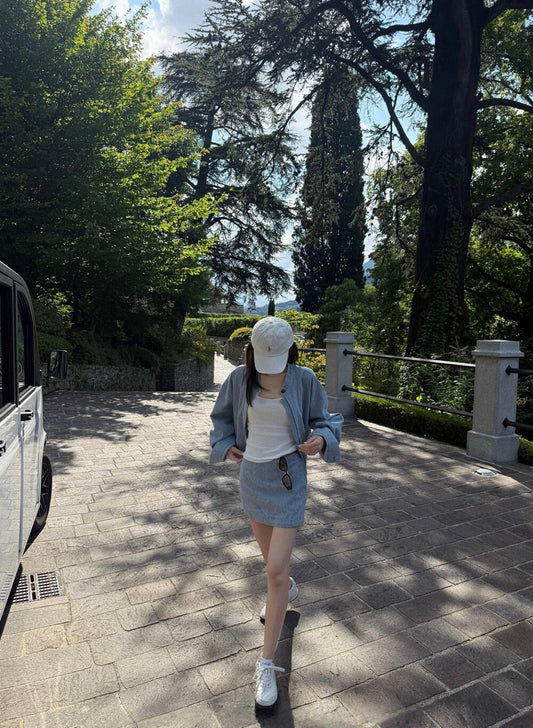 寬鬆顯瘦條紋拉鏈外套+高腰直筒半身裙set