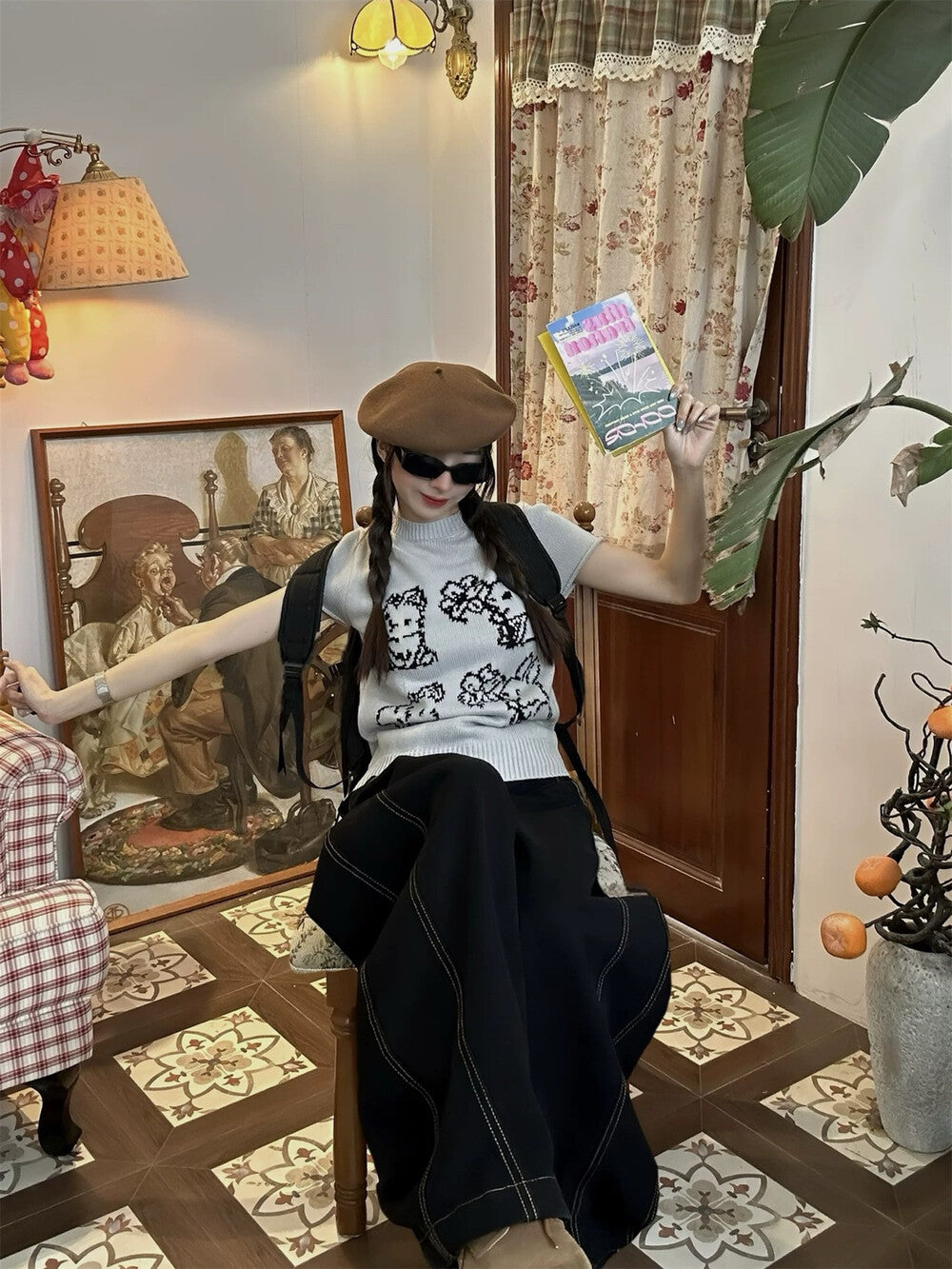 American Style Bunny Jacquard Knit Short Sleeve