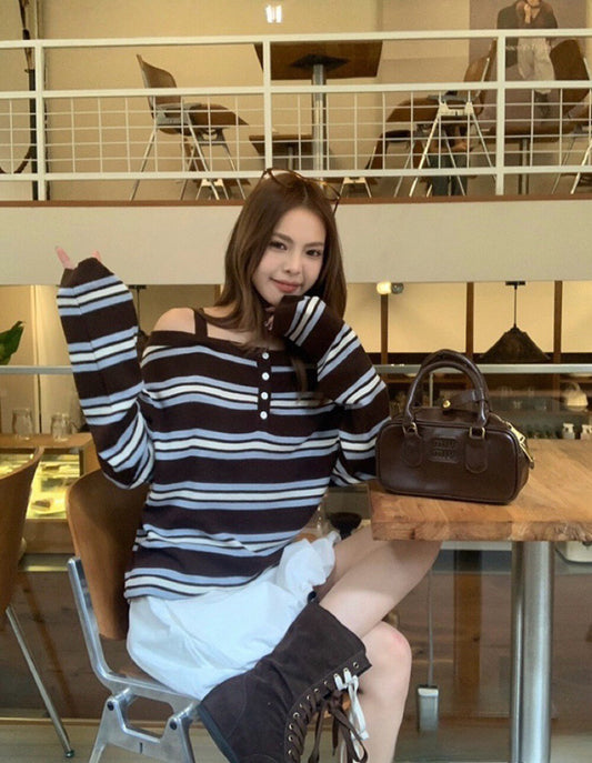 Striped Off-Shoulder Layered-Look Knit Top with Straps
