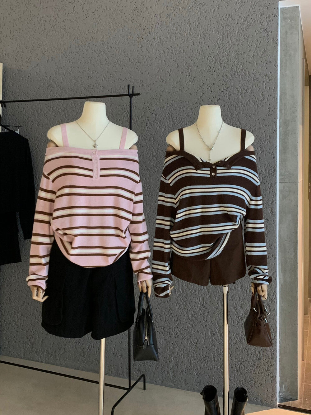 Striped Off-Shoulder Layered-Look Knit Top with Straps