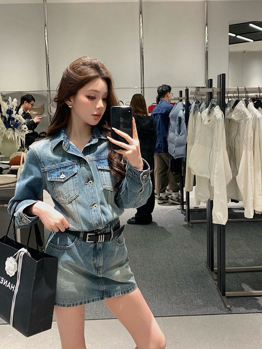 復古長袖顯瘦牛仔裙