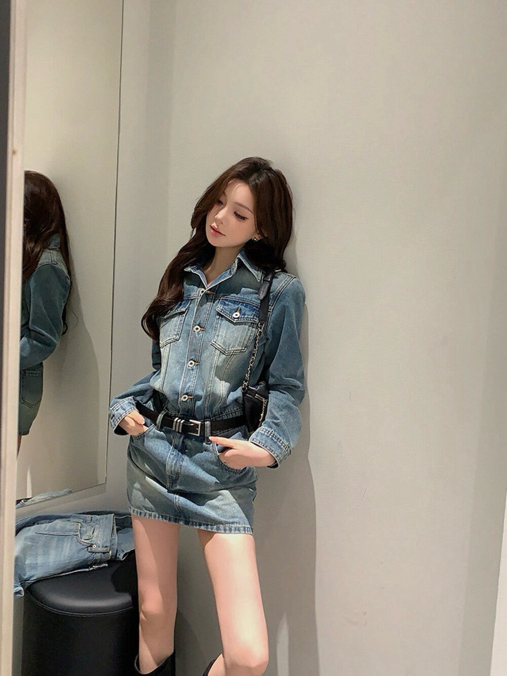 復古長袖顯瘦牛仔裙