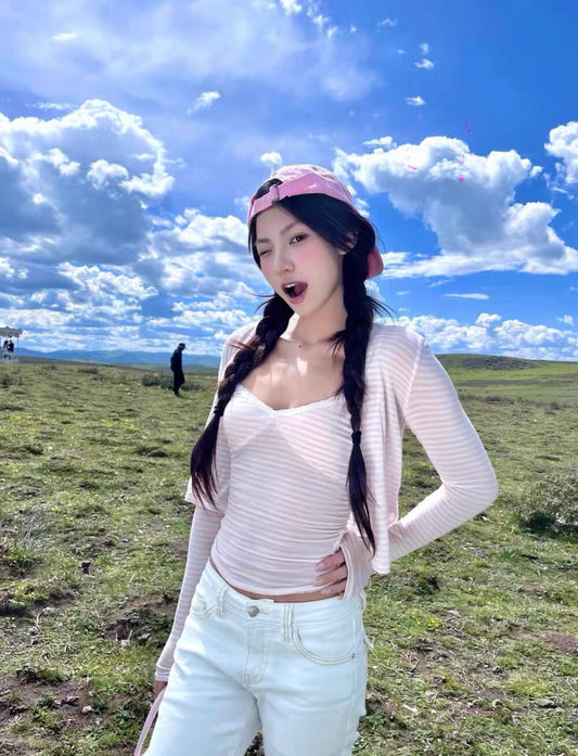 條紋吊帶背心+針織開衫set