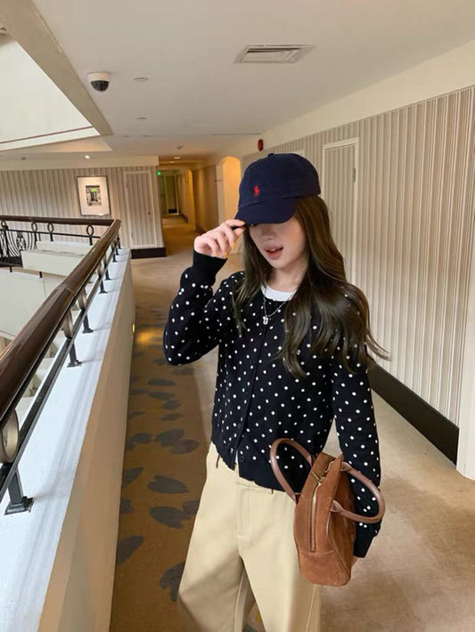 Soft Polka Dot Color-Blocked Faux Two-Piece Knit Sweater