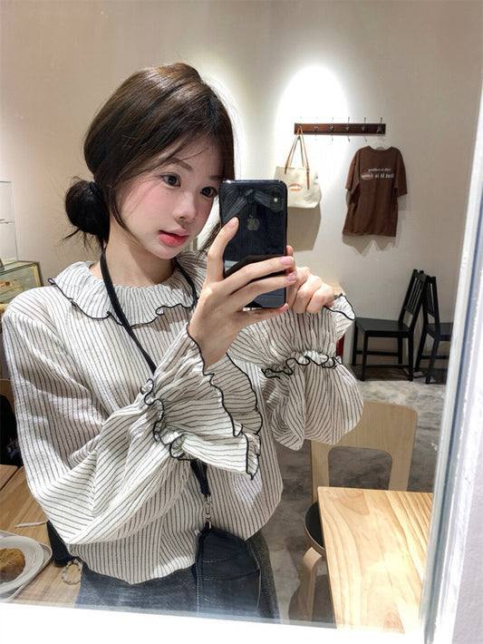 Striped Ruffle Collar Bell Sleeve Blouse