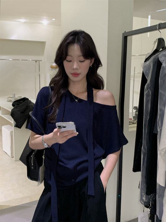 Draped Lazy Asymmetric Shoulder T-Shirt